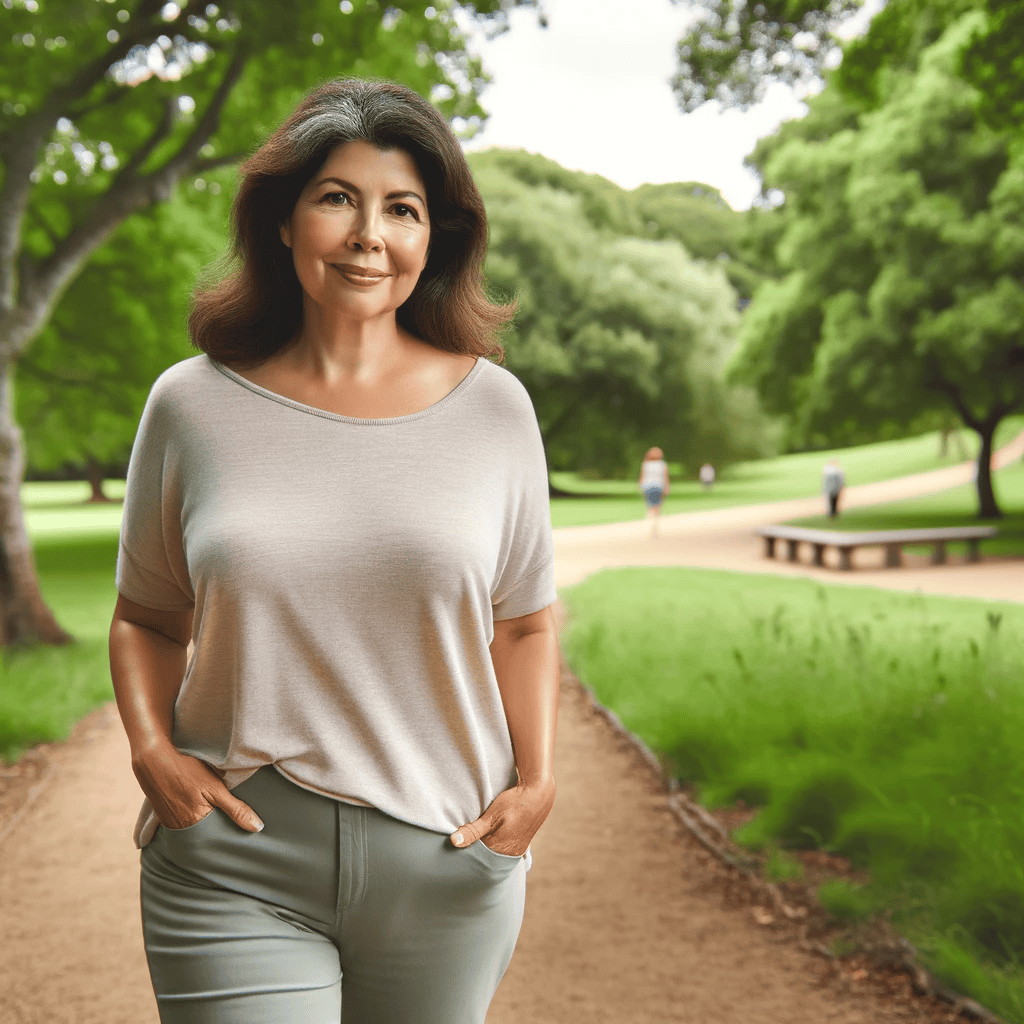 A middle aged woman wearing casual clothing is walking on a pathway in an outdoor setting with trees and grass near her.