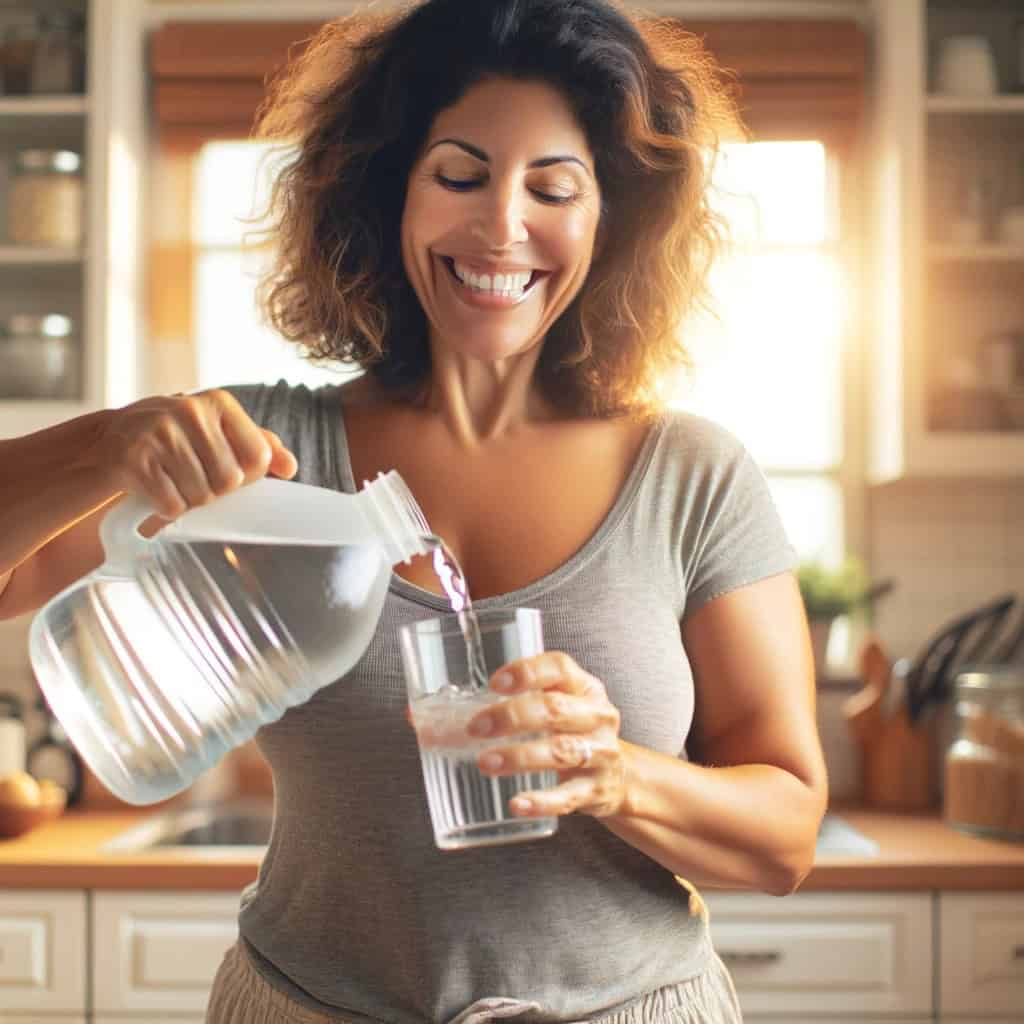 A midlife woman enjoying a glass of water in her kitchen.